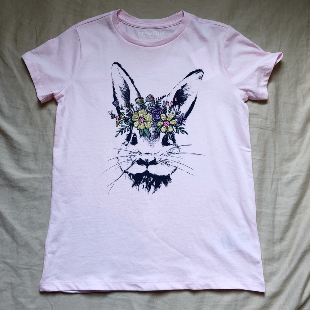 NWT J.Crew Factory Pink Bunny Floral Glitter Graphic Tee Size Medium